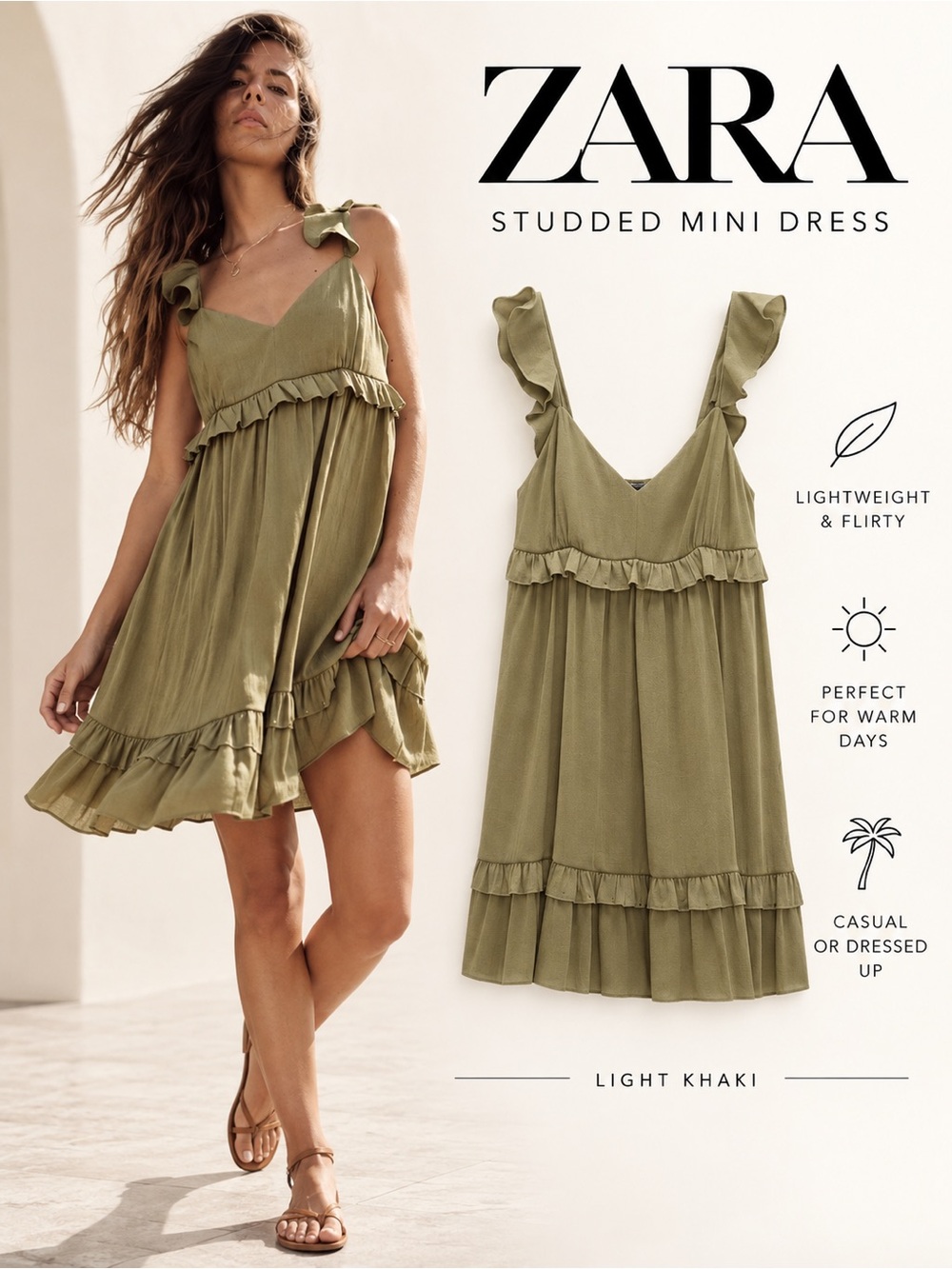 ZARA Light Khaki Ruffle Strap Studded Mini Dress Size L NWT